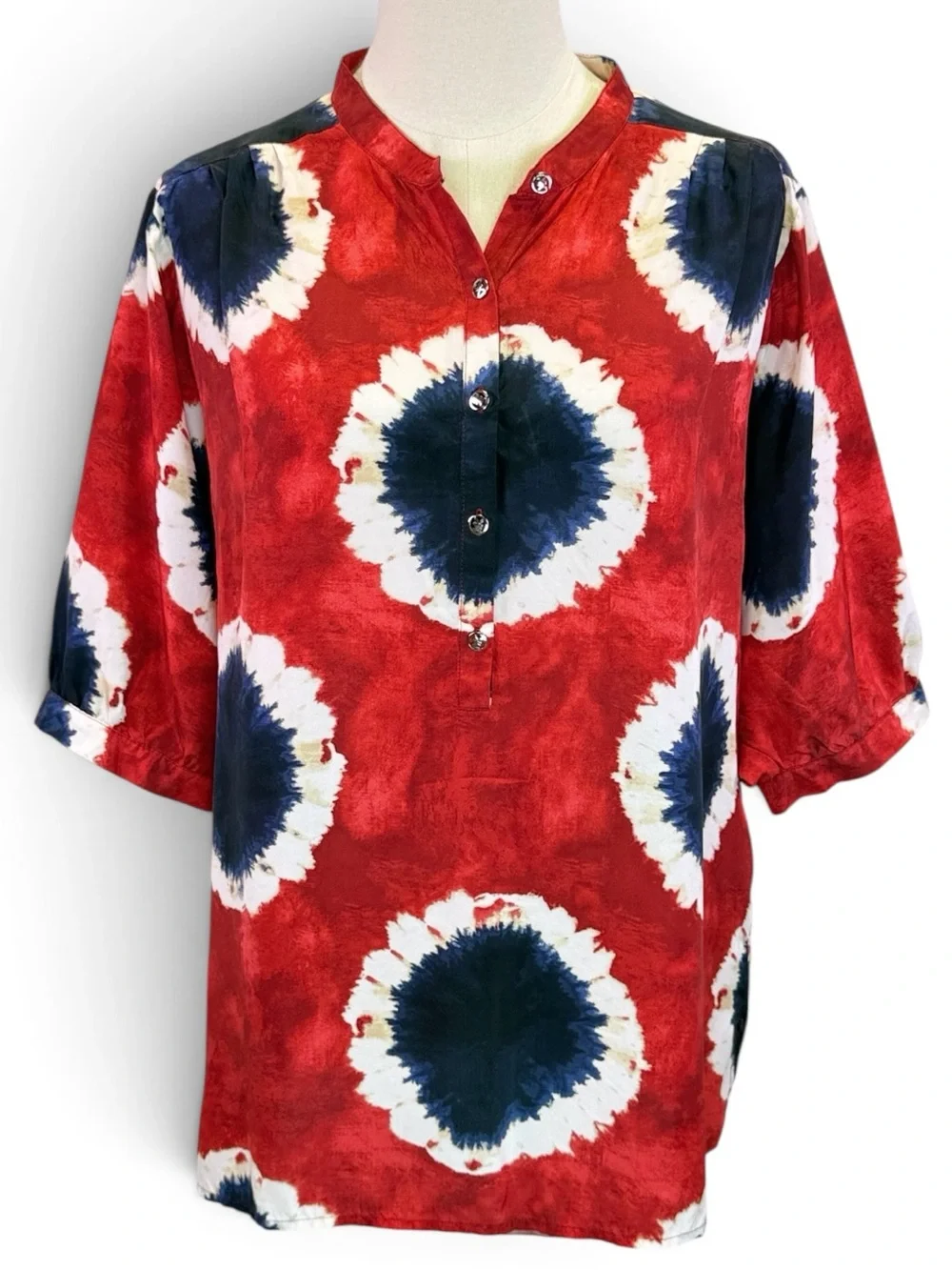 Michael Kors Women’s Red White Blue Silk Tie Dye V-Neck Short Sleeve Top Size XL
